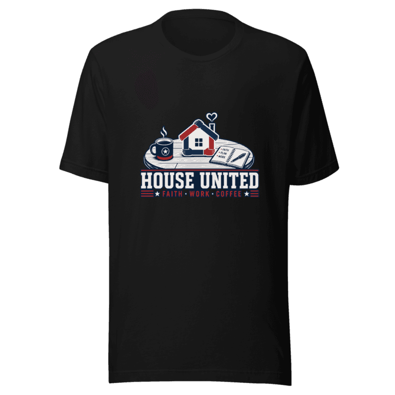 Freeborn House United Faith Work Coffee Unisex Tee — Black